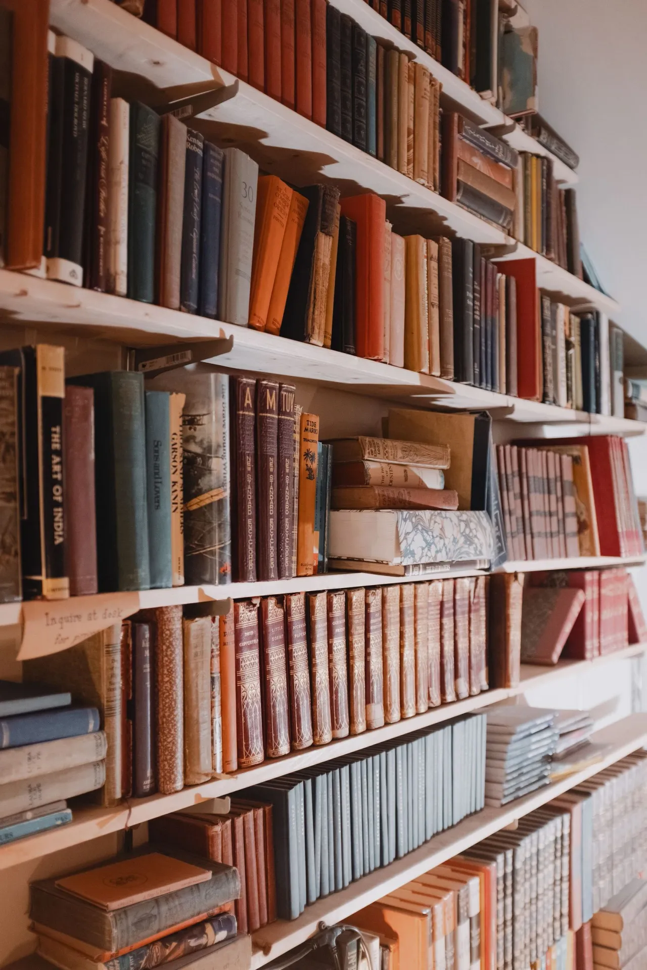 Une bibliothèque murale en bois, chargée de livres jusqu'au plafond