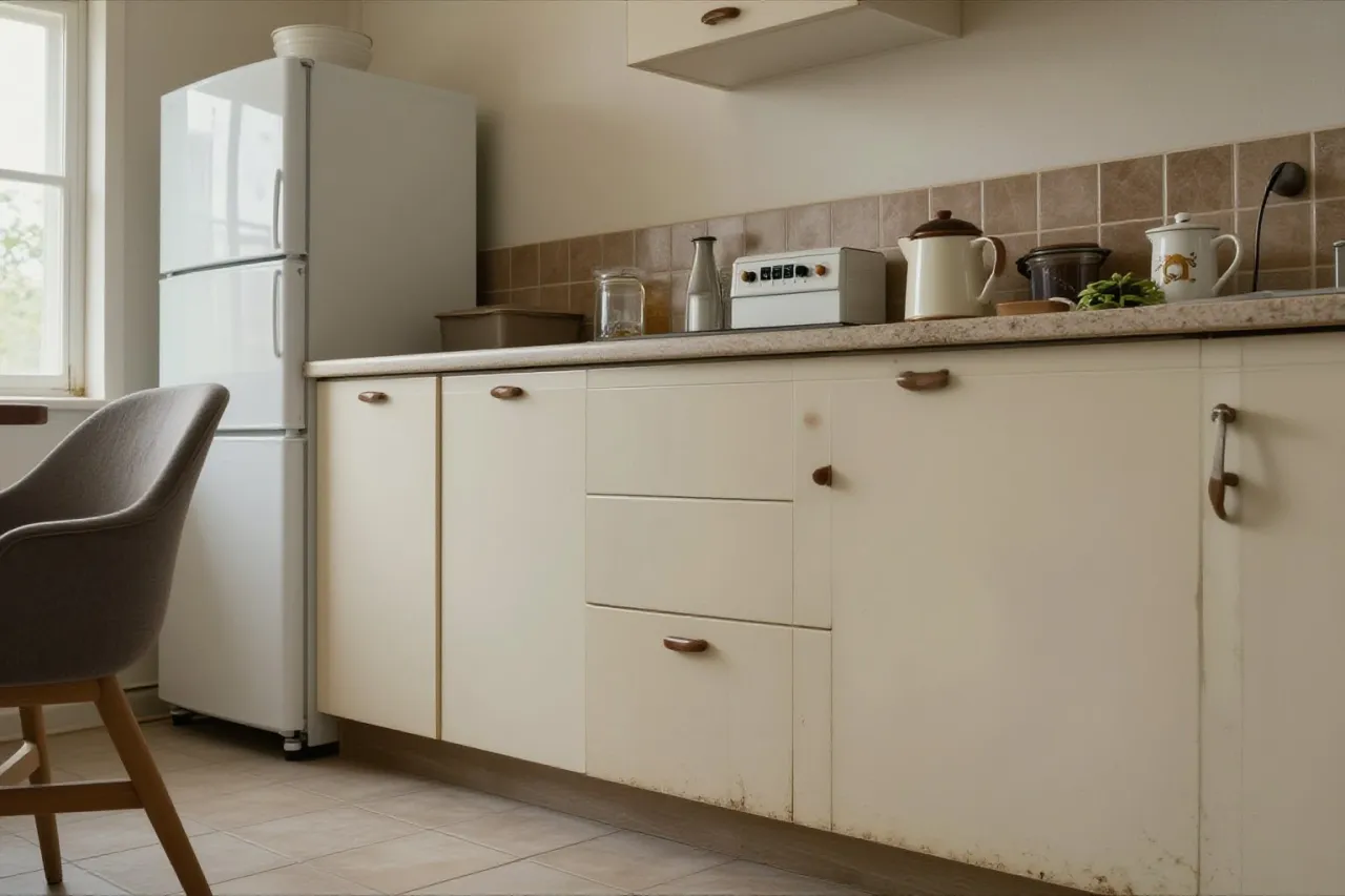La cuisine avant travaux : façades en mélaminé crème, carrelage marron, vieux four