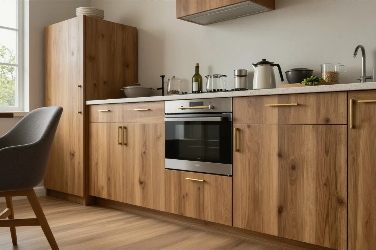 La même cuisine après travaux : façades en chêne huilé, poignées en laiton, colonne intégrée