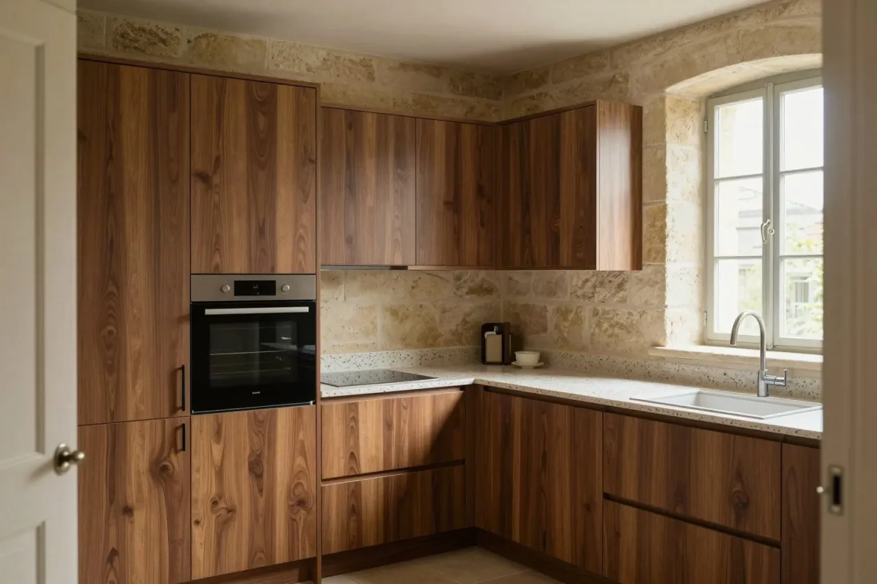 La même cuisine en noyer fumé, rangements jusqu'au plafond, sous la fenêtre à embrasure de pierre
