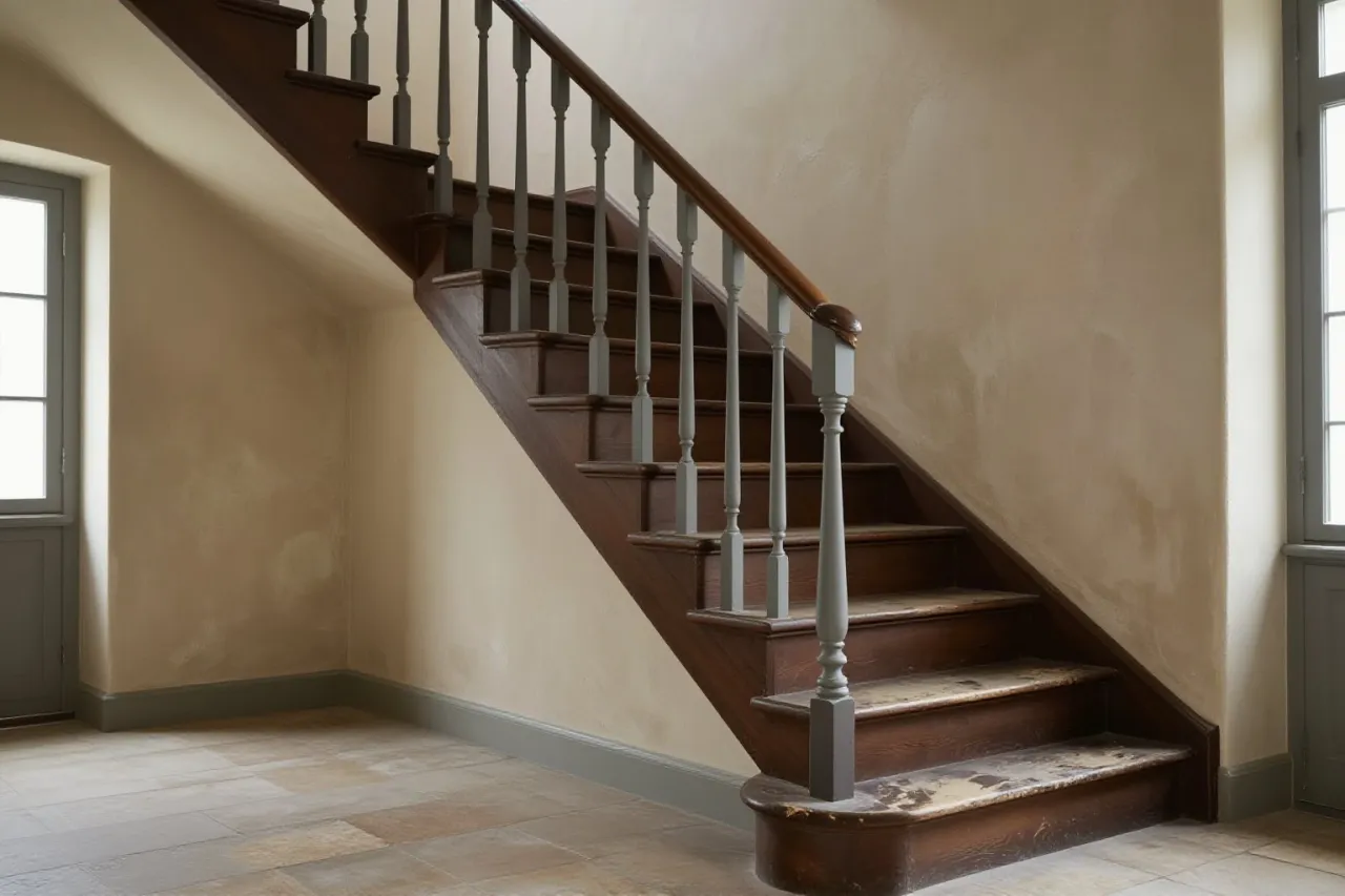 L'entrée avant travaux : vieil escalier en sapin peint brun, marches usées