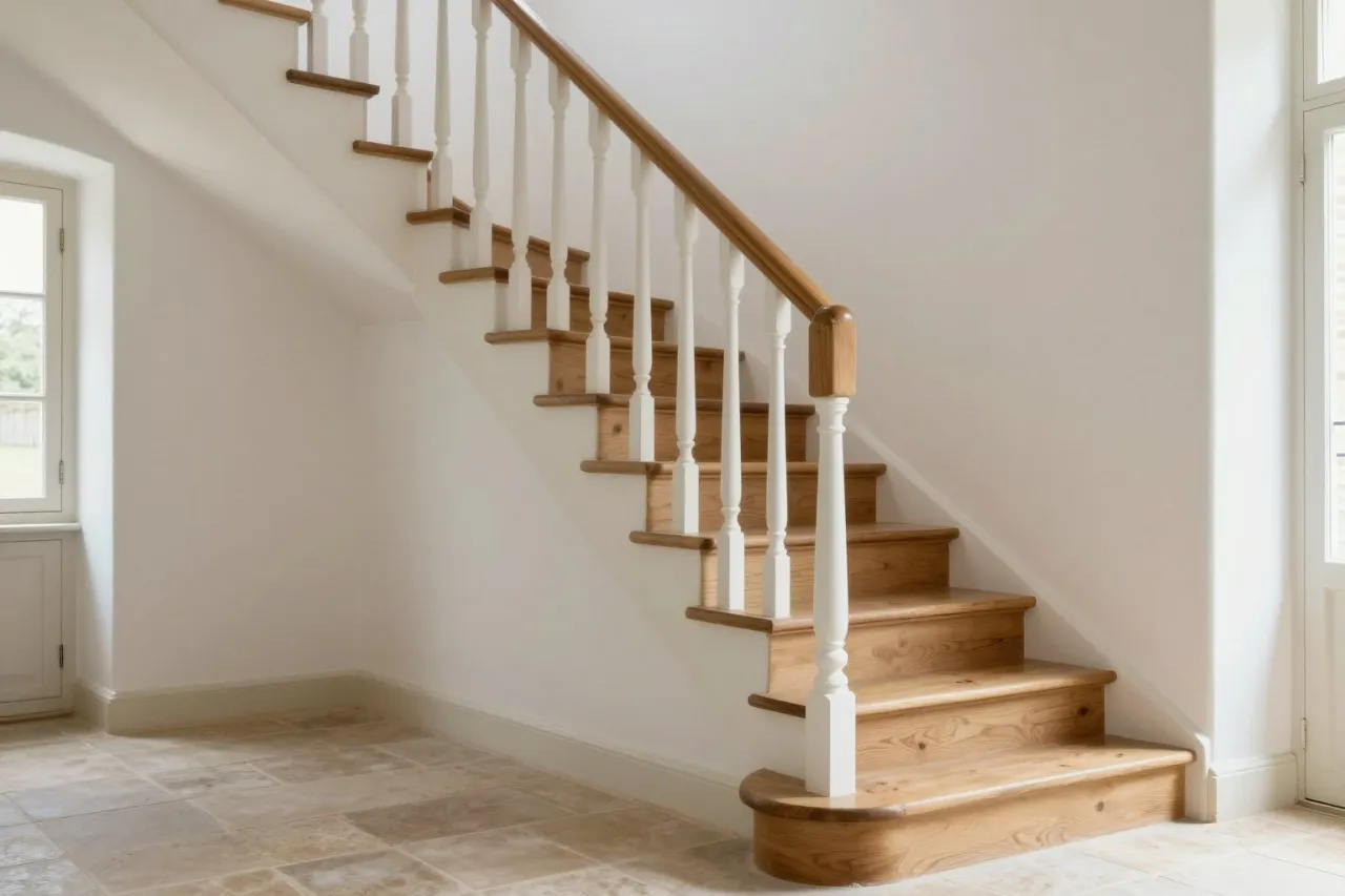 Le même escalier refait : marches et main courante en chêne, balustres blancs