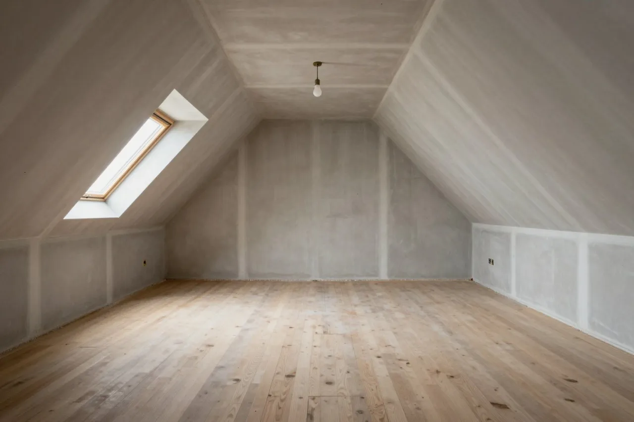 Les combles avant travaux : plaques de plâtre brutes, plancher d'aggloméré, ampoule nue