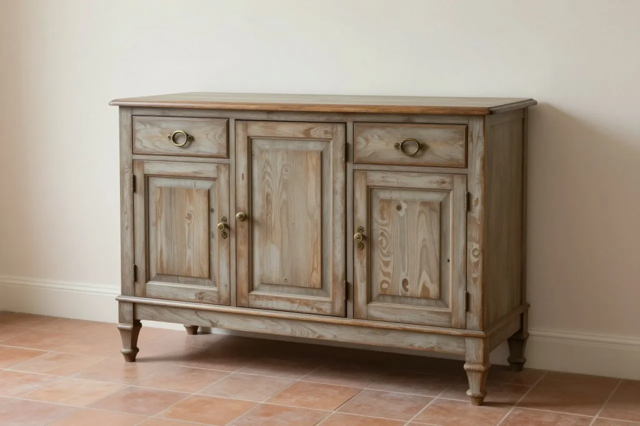 Le buffet avant restauration : noyer terne et grisé, ferrures ternies